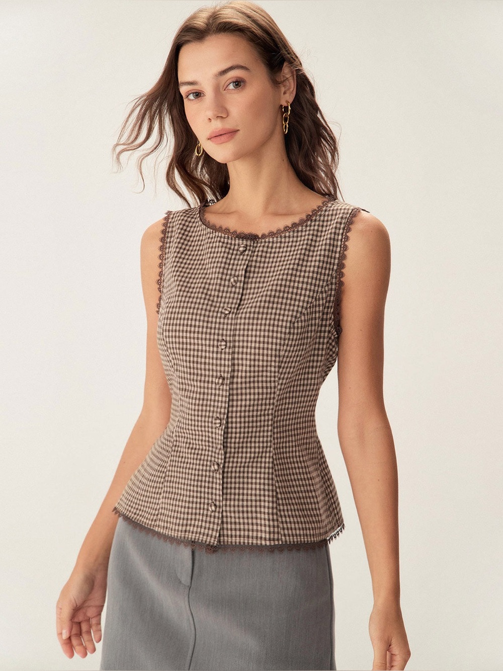 NWT RIHOAS Brown Plaid Single Breasted Vest Feminine Size XS